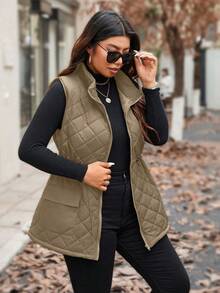 Calvaya Plus Size Women Drawstring Waist Cargo Pocket Casual Quilted Vest Jacket, Winter Clothes Fall Clothes, For Christmas - Mocha Brown - View 4