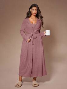 Lazeform Women's Casual Collared Knit Long Sleeve Belted Robe And Spaghetti Strap Maxi Sleep Dress 2 Pieces Lounge Set, Winter Clothes Long Sleep Dress Cozy Sets Women Robe Set Women 2 Piece Lounge Sets Woman Loungewear Dress - Dusty Pink - View 7