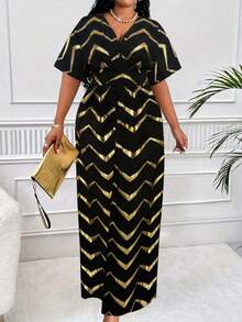 Maweii Plus Size Women Elegant Black Gold Color Contrast Print Surplice Neck Short Sleeve Wide Leg Jumpsuit, For Summer - Black - View 4