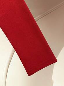 Franclia 女士新款中国风撞色针织毛衣，复古优雅通勤风金属纽扣腰部装饰套头衫 - 紅色 - 查看 5