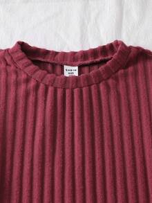 Girls' Solid Dusty Rose Ribbed Long Sleeve Pajama Set - Burgundy - View 4