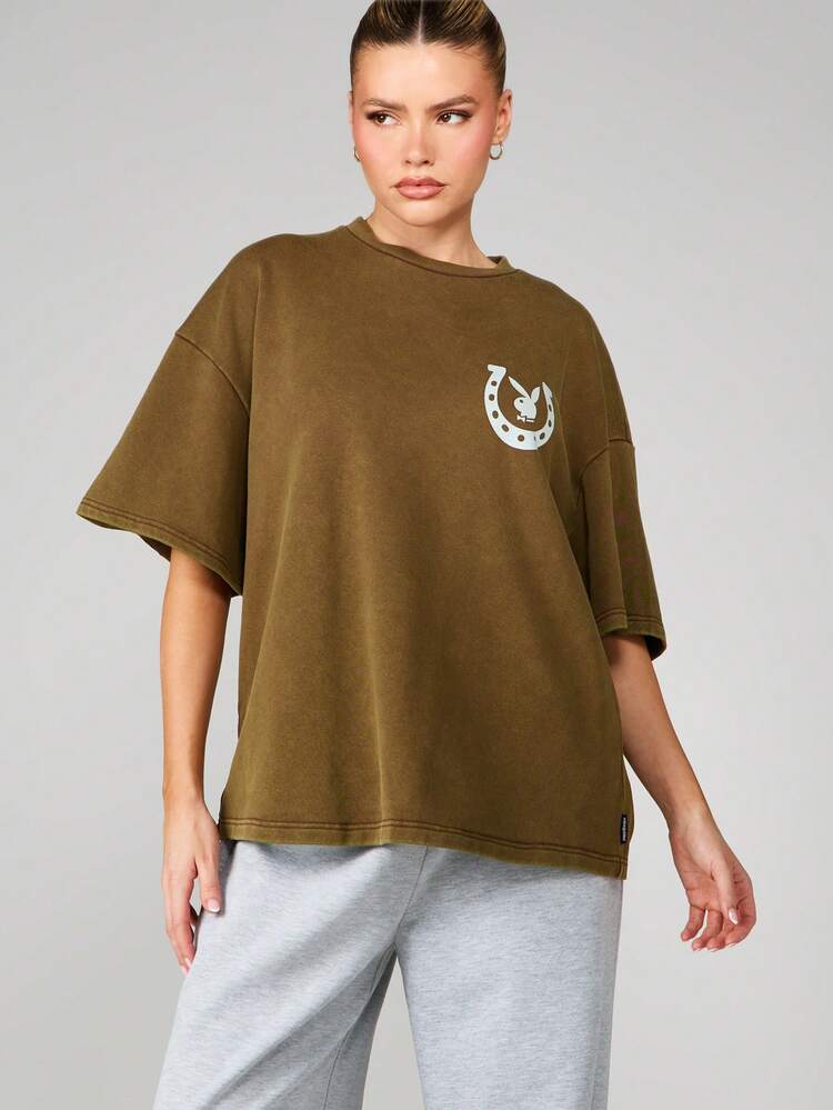 Missguided x Playboy Oversized Washed Graphic Tee With Wanted Poster Print And Bunny Logo Crew Neck Short Sleeve Cotton Blend