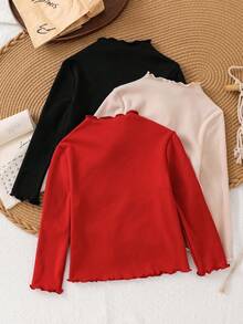 LMoss Kids 3pcs Young Girl Solid Color Ribbed Collar Thermal Lined Thick T-Shirt Set, Girls Tops, Girls Long Sleeve Tops, Girls Red Tops