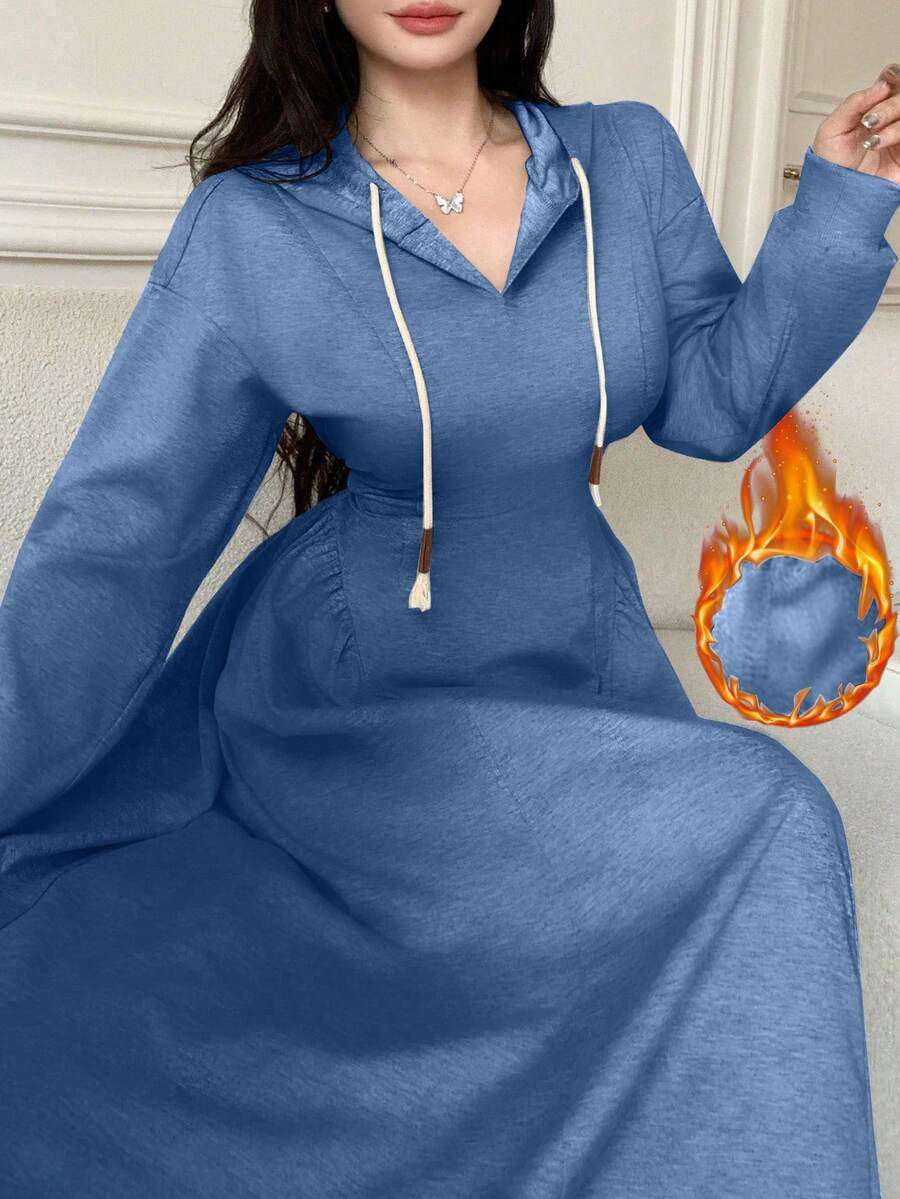 Modelyn Women's Casual Hooded Drawstring Waist Fitted Flared Gray Sweatshirt, Autumn/Winter - Blue - View 1