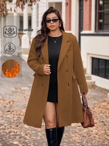 Vionelle 女士高级灰色中长款大衣，优雅双排扣翻领大衣，秋季服装，大码冬季服装，Romwe 女士大码外套，大码大地色系大码女装 - 駝色 - 查看 1