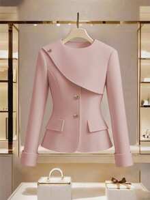 GlowEve Áo khoác nữ tay dài thiết kế nút kim loại màu trơn thanh lịch - Hồng - Xem 7