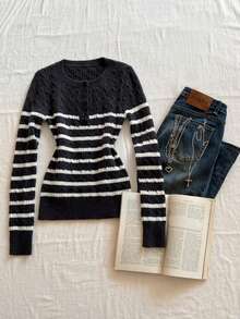 SHEIN Unity Contrast Color Vintage Striped Women Long Sleeve Sweater - Multicolor - View 1