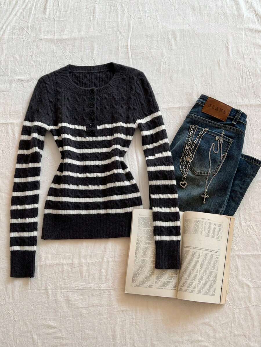 SHEIN Unity Contrast Color Vintage Striped Women Long Sleeve Sweater - Multicolor - View 1