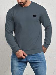 Manfinity Homme Loose Fit Men's Letter Patched Detail Sweatshirt, Fall Grey Sweatshirt Grey Sweater Men Men Full Sleeve T-Shirt Mock Neck Men Sweatshirt For Men - Dark Grey - View 3