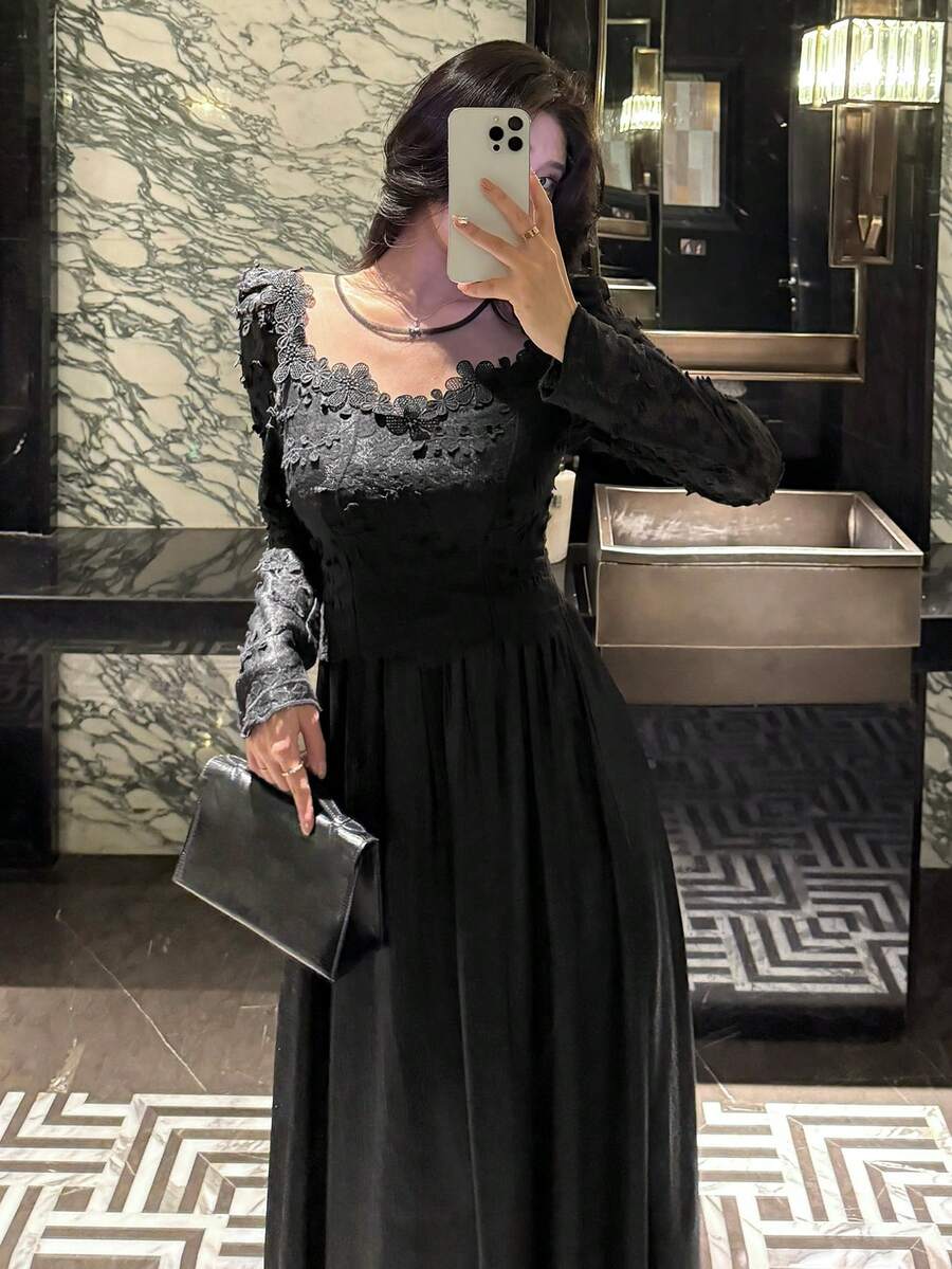 DAZY Vestido largo elegante de fiesta con aplicaciones y patchwork para mujer - Negro - Ver 1