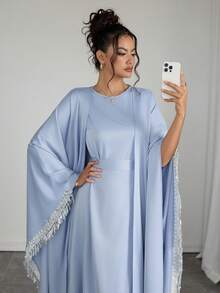 SHEIN Raffinéa Women's Winter Party Elegant Luxury Design Sequin Tassel Splice Long Sleeve Robe Jacket And Minimalist Round Neck Sleeveless Cinched Waist Waist Long Dress 2-Piece Set - Baby Blue - View 4