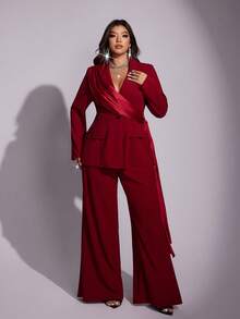 Viva Relle Plus Size Long Sleeve French Elegant Fashion Fitted Suit Set, Suitable For Christmas Red Party - Burgundy - View 2