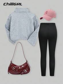 SHEIN Explorewe Ensemble coordonné pour jeunes filles avec sweat-shirt à capuche zippé "Chillgrl" et pantalon skinny, sweat-shirt en polaire ample avec imprimé léopard et lettres, leggings ajustés, tenue de rue décontractée - Gris - Voir 2