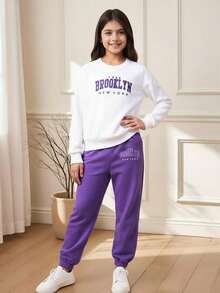 SHEIN Tween Girl Letter Printed Round Neck Fleece Sweatshirt And Sweatpants Set - Purple - View 3