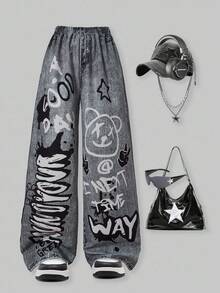 SHEIN ChillGRL 青少年女孩宽松仿牛仔印花阔腿裤，适合休闲、度假、街头风格和派对