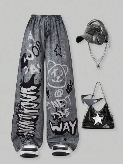 SHEIN ChillGRL 青少年女孩宽松仿牛仔印花阔腿裤，适合休闲、度假、街头风格和派对