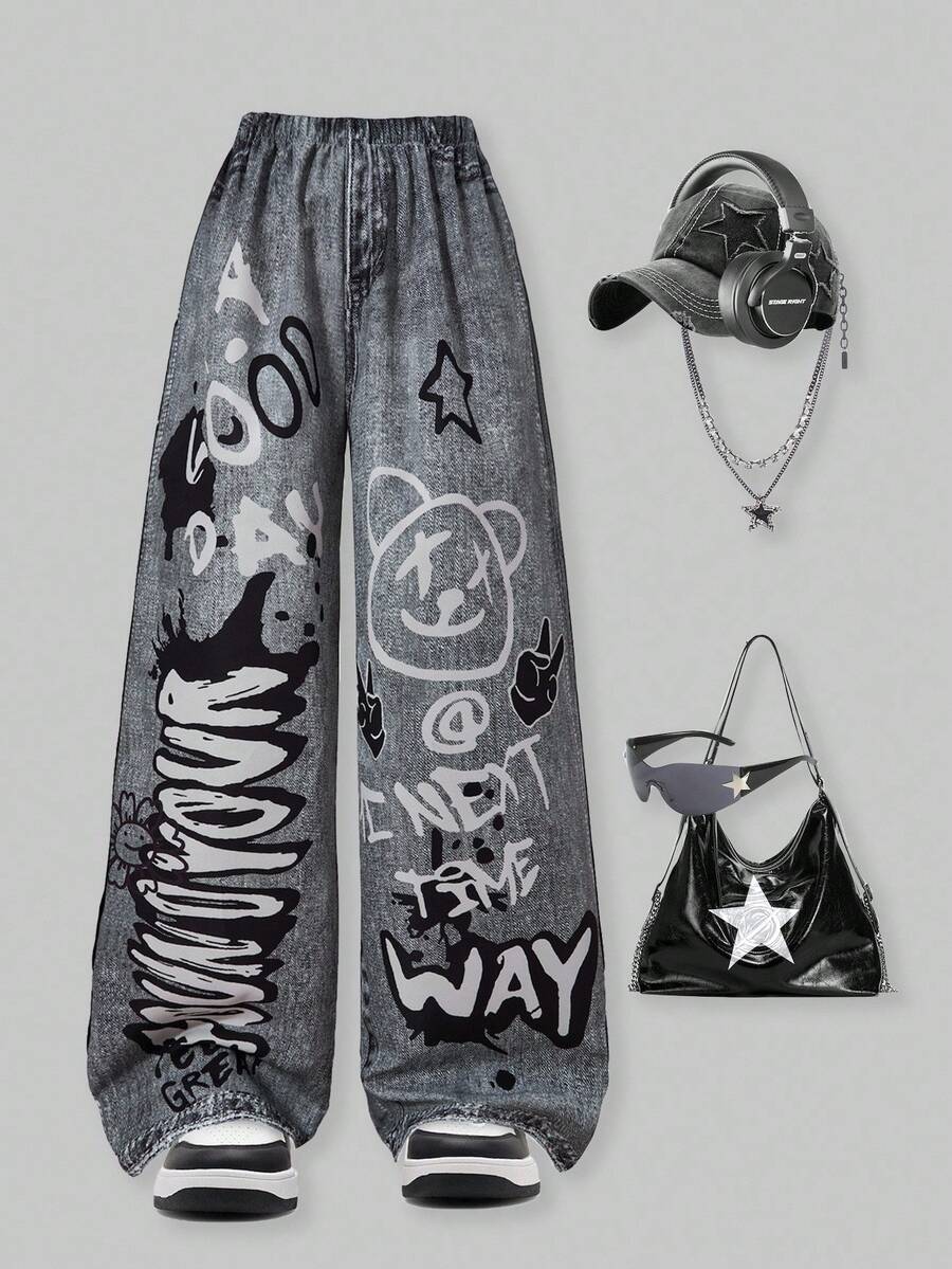 SHEIN ChillGRL 青少年女孩宽松仿牛仔印花阔腿裤，适合休闲、度假、街头风格和派对