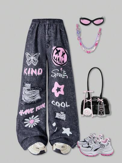 SHEIN ChillGRL 青少年女孩松紧腰宽松印花阔腿裤，适合街头和日常穿着，春秋季