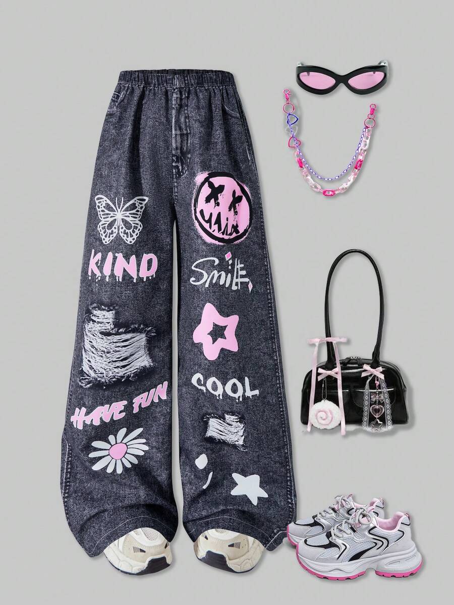 SHEIN ChillGRL 青少年女孩松紧腰宽松印花阔腿裤，适合街头和日常穿着，春秋季