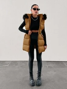 Padded Vest With Furry Hood And Adjustable Waist, Two Side Pockets, Thick And Fashionable Puffer Jacket, Quilting Details - Brown - View 8