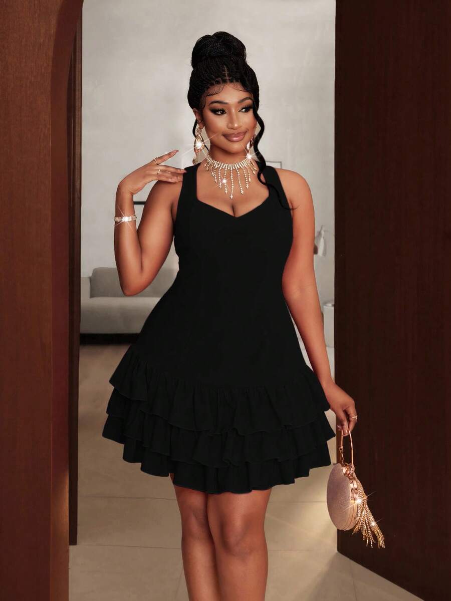 Maweii 2025新款加大码女士优雅性感派对连衣裙，时尚设计，百搭荷叶边V领纯色连衣裙，适合外出和约会 - 黑色 - 查看 1