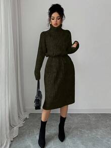 SHEIN Elenzya 女士纯色系带口袋优雅毛衣连衣裙 - 軍綠色 - 查看 5