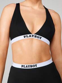 Missguided x Playboy Logo 贴条深 V 领露背压缩支撑运动文胸 - 黑色 - 查看 6