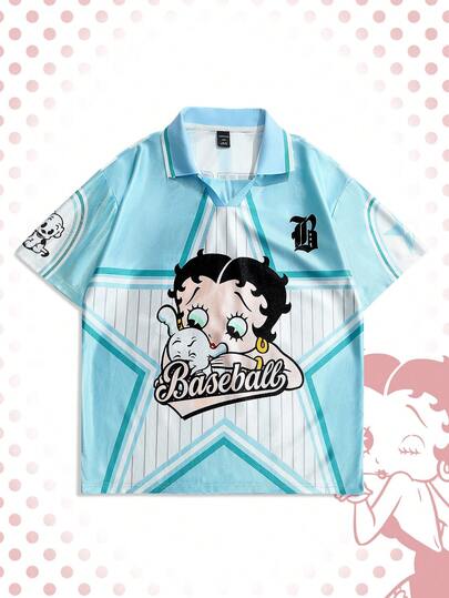 Betty Boop | ROMWE Men's Casual Portrait & Star Print Short Sleeve Polo Shirt, Summer