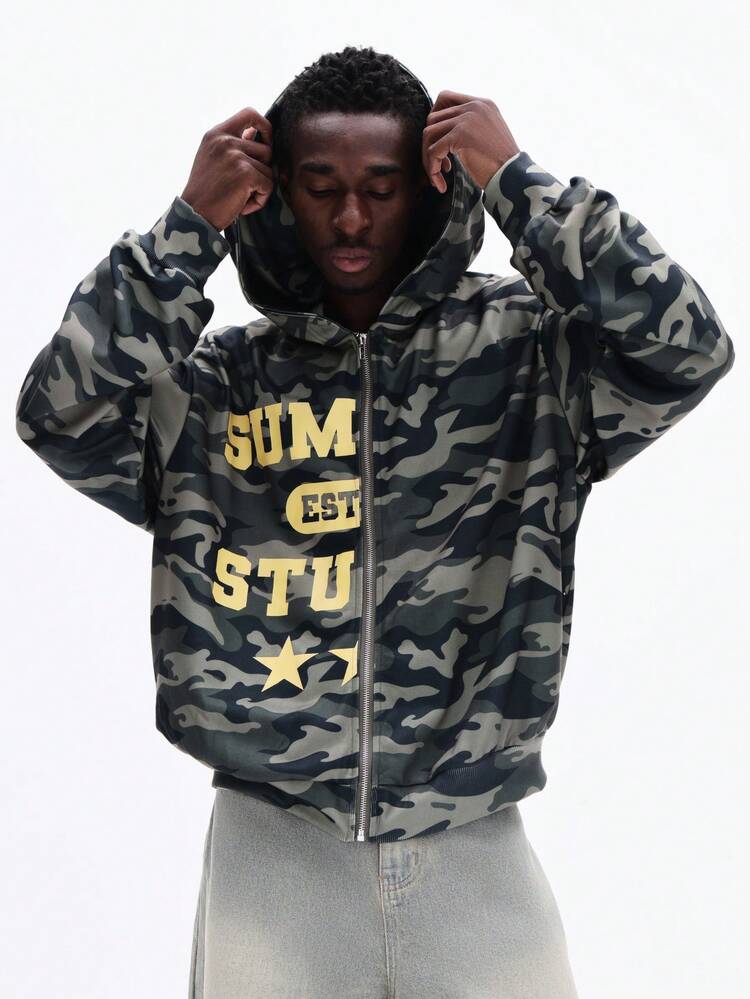 Camo Full Zip Hoodie With Applique Text