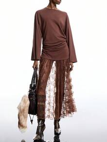 LYSMO 女士纯色拼接简约休闲长袖连衣裙 - 咖啡棕 - 查看 3