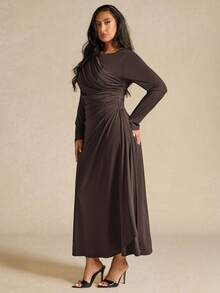 SHEIN BAE 大码女式优雅长袖褶皱连衣裙，黄色，秋冬 - 咖啡棕 - 查看 4