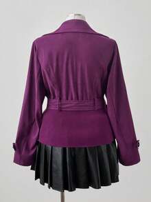 Sunspun Plus Size Solid Color Ribbed Waist Turndown Collar Button Decor Belt Short Jacket, Long Sleeve - Purple - View 2