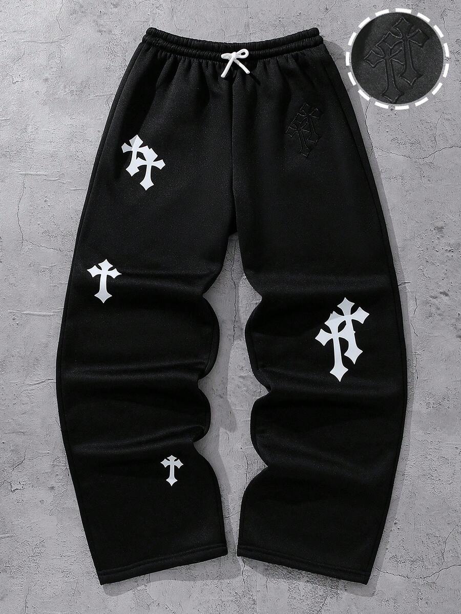SHEIN 青少年男孩/男士休闲街头十字图案宽松直筒运动裤，适合日常休闲和通勤穿着