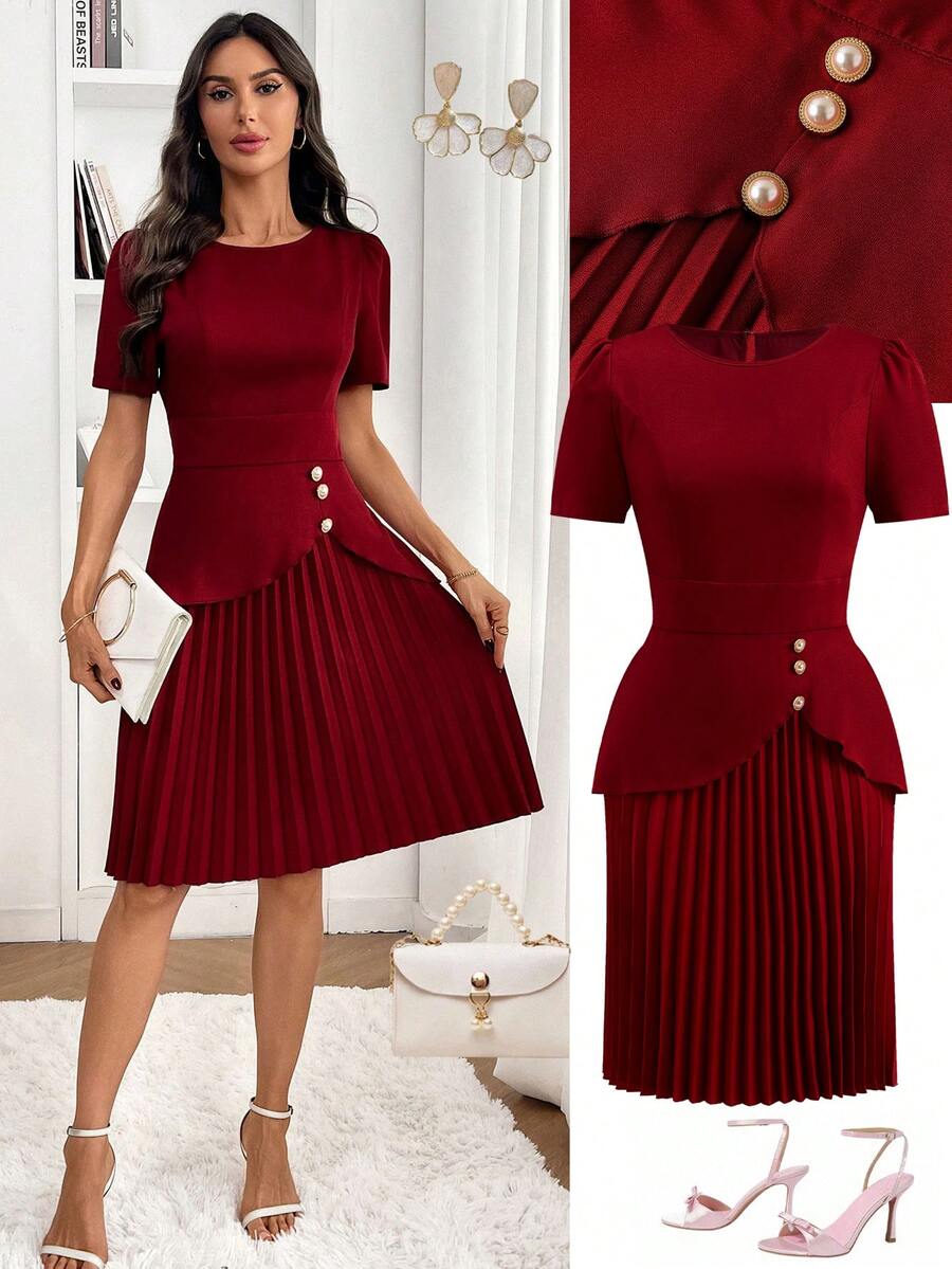 Ellevyn Váy xếp ly màu đỏ cho nữ, tay ngắn màu trơn, thiết kế bất đối xứng, khóa kim loại trang trí, thanh lịch để mặc hàng ngày và đi làm, đầu xuân - Màu Đỏ Sâu - Xem 1