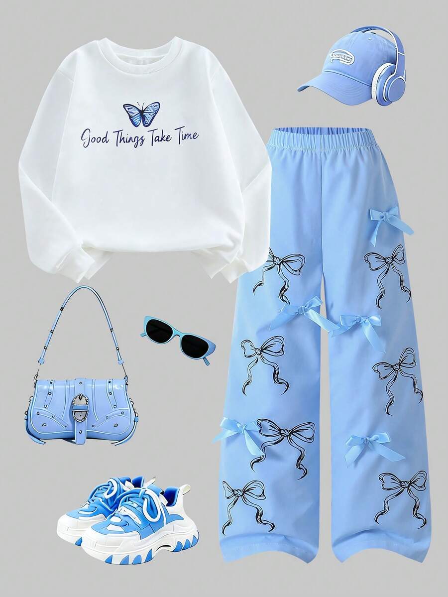 SHEIN ChillGRL 8-12岁女童可爱时尚休闲风白色圆领卫衣，字母蝴蝶印花，搭配宽松抽绳腰裤，两件套 - 藍色 - 查看 1