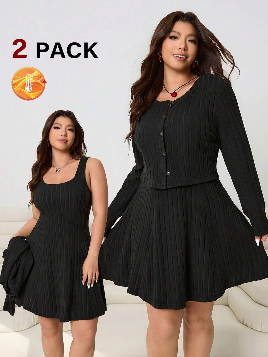 SHEIN EZwear 2025 Autumn/Winter New Casual Outgoing Daily Wear Party Commute Back To School Date Birthday Party Home Occasion Open Front Long Sleeve Jacket And Camisole Short Knit Dress, Warm Ribbed Knit Fabric, Black, Plus Size 2-Piece Set - Black - View 1