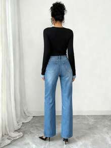 Rafferiza 女士黑色牛仔蕾丝拼接V领性感长袖T恤 - 黑色 - 查看 2