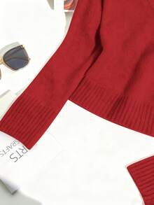 SHEIN Franclia Women's Minimalist Fashion Fur Collar Patchwork Raglan Sleeve Solid Color Knit Pullover Sweater, Autumn/Winter - Red - View 6
