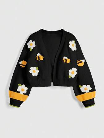 Fairycore Cardigan oversize à manches lanternes avec broderie florale et d'abeille, Cardigan tricoté noir oversize, Cardigan tricoté mignon et doux pour fille pour Noël