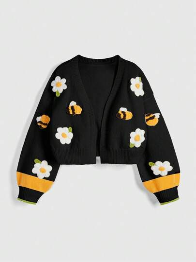 Fairycore Plus Size Colorblock Floral & Bee Embroidered Lantern Sleeve Cardigan Sweater Plus Size Black Knit Cardigan Sweater Cute & Sweet Christmas Girl's Knit Cardigan Sweater