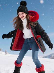 SHEIN Girls' Mid-Length Hooded Casual Pocket Faux Fur Solid Color Fleece Jacket, Winter - Burgundy - View 8