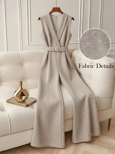 GlowEve Women's Casual Sleeveless V-Neck Herringbone Textured Fabric Jumpsuit, Suitable For Home Wear, Autumn/Winter
