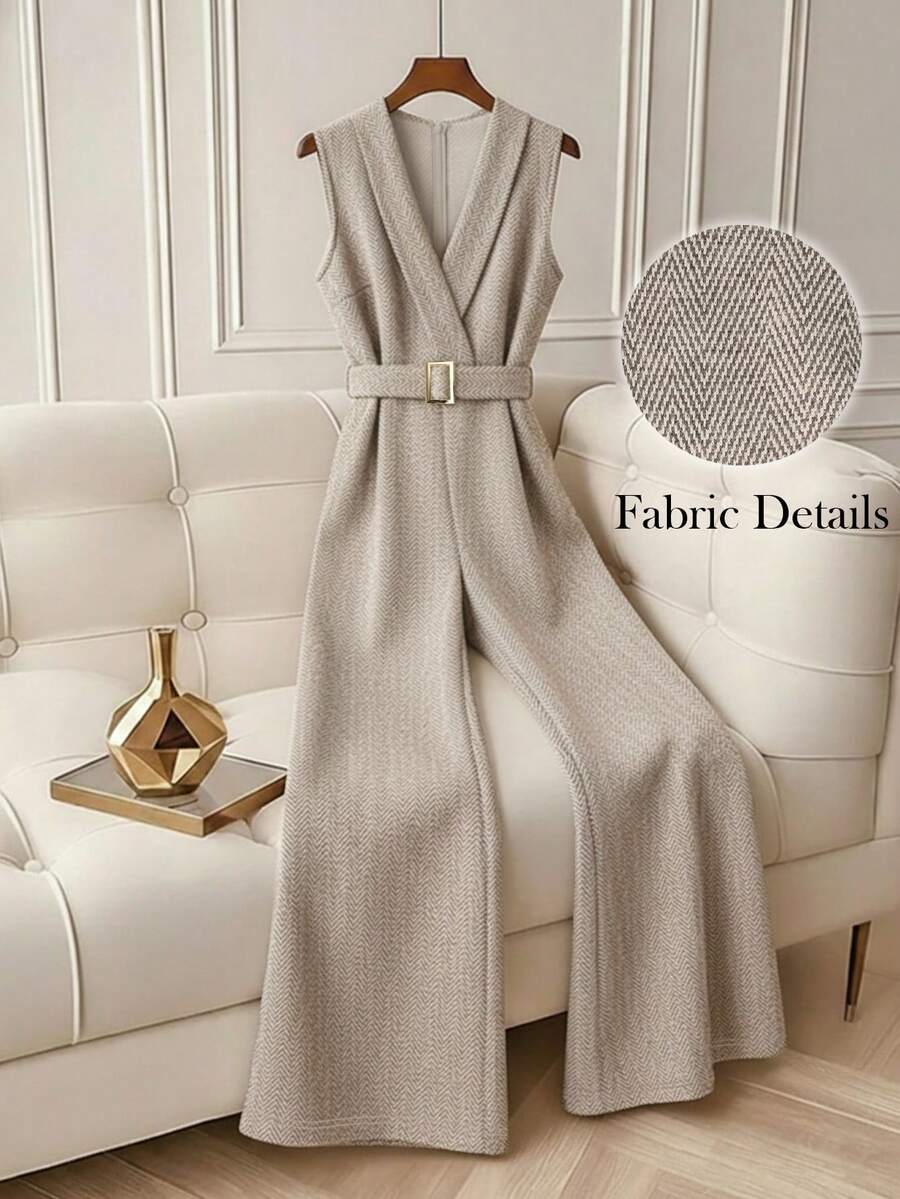 GlowEve 女士休闲无袖V领人字纹面料连体裤，适合居家穿着，秋冬季 - 卡其色 - 查看 1