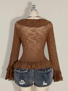 SHEIN ICON 大码女式针织纹理蝴蝶结系带衬衫，棕色 - 棕色 - 查看 2