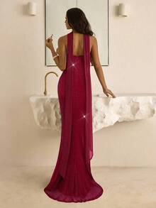 Vowa Vintage Grecian Style Pleated Waist Fitted Bodycon Dress With Ruffle Collar,Suitable For Afternoon Tea,Cocktail Parties,Business Events And Weddings - Burgundy - View 2