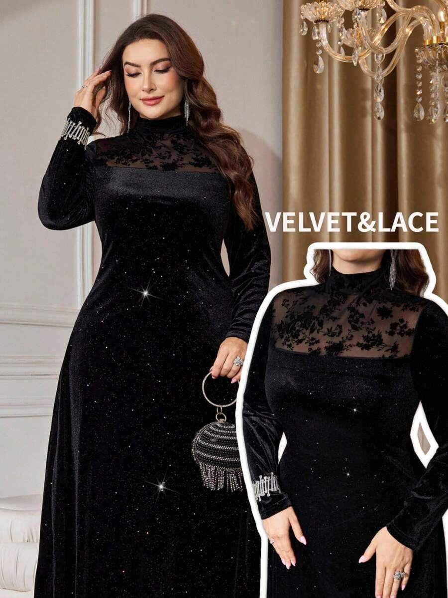 Modelyn Robe longue à manches longues avec patchwork en maille et décoration de cristaux, automne/hiver, grande taille - Noir - Voir 1