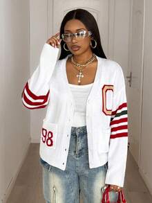 Maweii Casaco de Tricô Cardigan Ajustado com Estampa de Listras Coloridas em Contraste, Decote em V, Manga Longa, Bolsos Duplos, Estilo Casual Esportivo Universitário, Adequado para Uso Diário, Férias e Transporte, Design Jovem e da Moda, Tamanho Plus, Primavera, Outono, Inverno