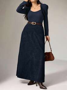 Heiryn Plus Size Elegant Solid Color A-Line Skirt, Autumn/Winter - Navy Blue - View 4