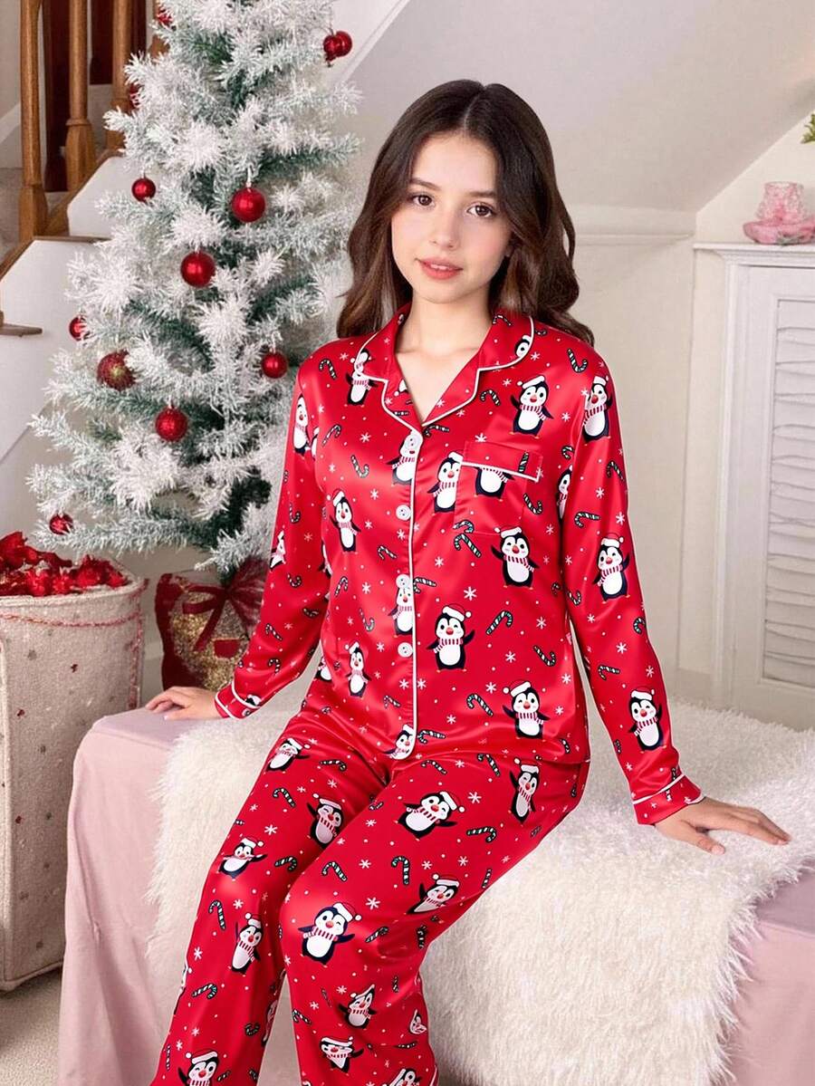 2 Piece Sets Women & Teen GirlElegant Plaid Satin Fabric Cardigan & Pants Casual Comfortable Pajama Set Teen Christmas Pajamas Teen Girl Clothes Teen Girl Sleep Wear - Red - View 1