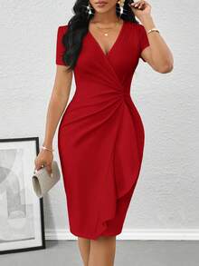 SHEIN Lady 女士优雅荷叶边修身中长连衣裙，夏季生日及活动礼服/办公礼服/教堂礼服/婚纱/节日礼服/白色连衣裙 - 紅色 - 查看 1